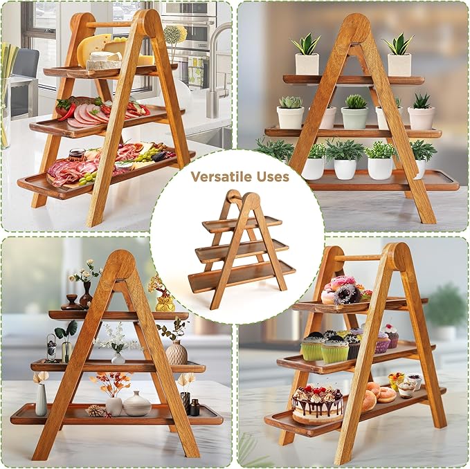 MAJURI 3 Tier Wooden Serving Tray, Halloween Serving Tray, Set of 2 Tongs Free, Tiered Serving Trays for Party, Picnic, Your Perfect Elevated Charcuterie Stand and for 3 Tiered Dessert Stand Lovers