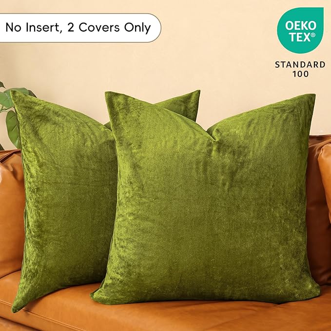 PHF Super Soft Velvet Euro Sham, 26"x 26",No Insert, 2 Pack Color Gradient Euro Pillow Covers, Ultra Cozy Pillow Covers for Luxurious Home Decorative, No Shedding, No Pilling, Olive Green