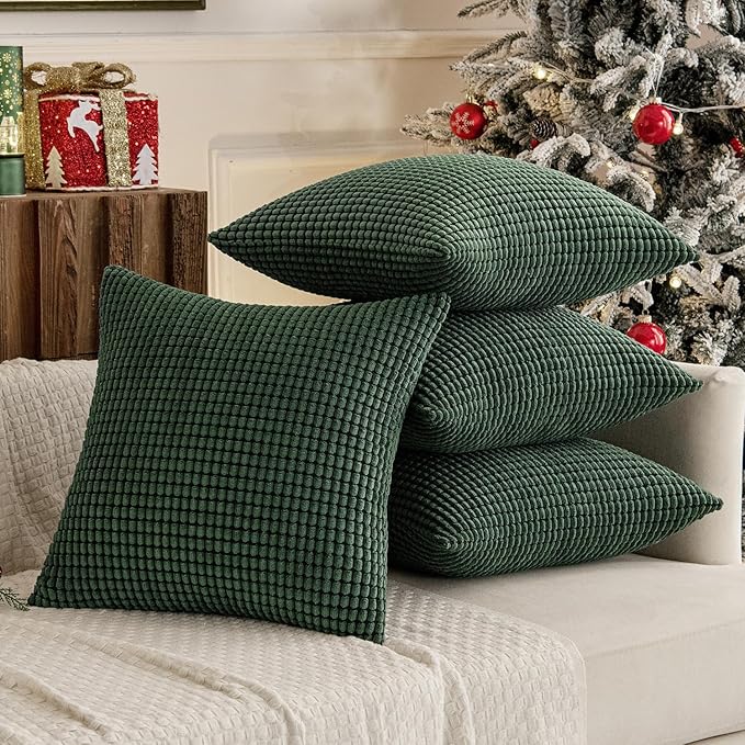 MIULEE Boho Farmhouse Throw Pillow Covers 18x18 Inch Set of 4 Soft Neutral Covers Christmas Dark Green Corduroy Couch Pillowcases Home Decor for Sofa Living Room Bed