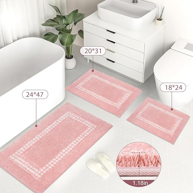 Pink Bathroom Rugs 24x47, Non Slip Washable Bath Mats,Super Soft Microfiber Bathroom Runner, Plush Fluffy Absorbent Bath Rugs for Sink Tub Basin Shower Floor