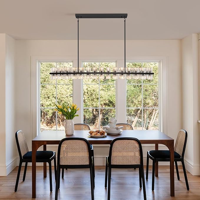 Crystal Black Rectangle Chandelier for Dining Room,L54in Dining Room Chandelier Over Table,Modern Chandelier for Dining Room,Kitchen Island, Over The Dining Table, Includes 60xG4 Bulbs