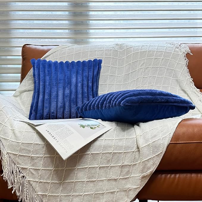 24x24 Pillow Covers, Decorative Faux Fur Throw Pillow Covers for Couch, Sofa Soft Fluffy Pillow Cover with Velvet Back for Living Room, Neutral Home Décor Accent for Bed - Blue