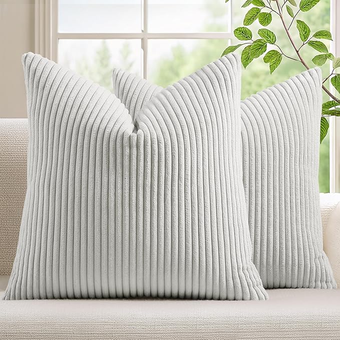 Mecatny Corduroy Decorative Throw Pillow Covers 16x16 Set of 2 for Sofa Living Room, Soft Neutral Boho Couch Pillow Covers for Home Decor, Grey