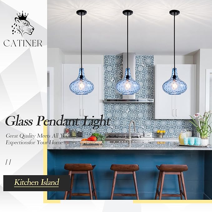 11" Hand-Blown Blue Glass Pendant Light, Modern Hammered Glass Hanging Light Fixture with Black Finish, Adjustable Ceiling Pendant Lighting for Kitchen Island, Dining Room, Living Room