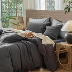 MooMee Wavy Striped Duvet Cover Set 100% Washed Cotton Linen Like Textured Breathable Durable Soft Comfy (Charocal Grey, King 104"x90")
