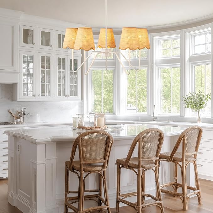 28" Rattan Chandelier, Large Modern Pendant Light Fixtures with Flower Shades White Finish for Dining Room, Kitchen Island, Foyer, Living Room 5-Light
