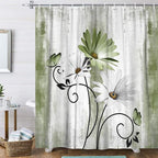 Rustic Farmhouse Shower Curtain, Farm Sage Green Daisy Floral Flowers and Butterfly on Country Wooden Forest Green Shower Curtain for Bathroom, 60X70IN
