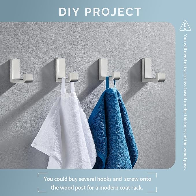 Angle Simple Towel Hooks for Bathroom, SUS 304 Stainless Steel Robe Coat Hooks for Wall, Brushed Nickel, 4 Pack