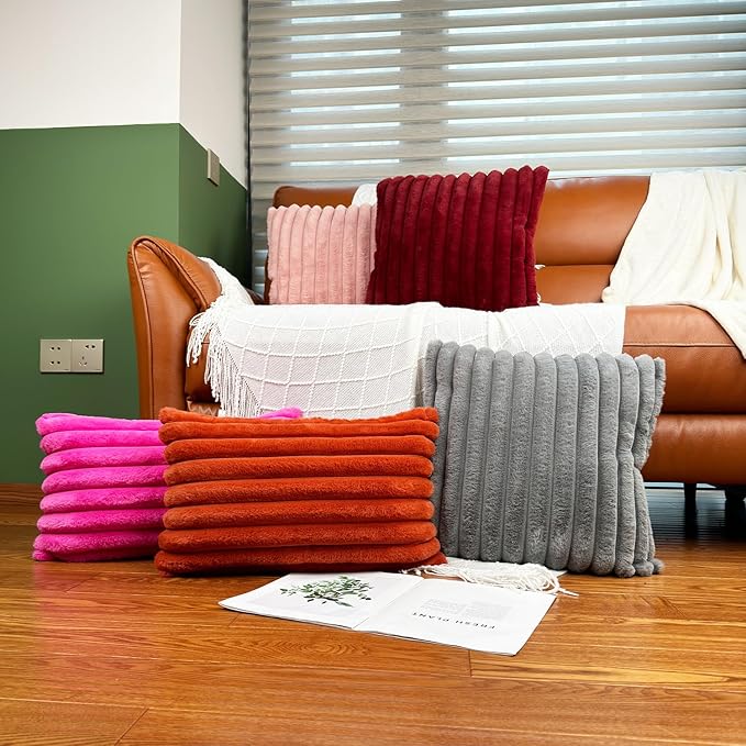 24x24 Pillow Covers, Decorative Faux Fur Throw Pillow Covers for Couch, Sofa Soft Fluffy Pillow Cover with Velvet Back for Living Room, Neutral Home Décor Accent for Bed - Wine Red