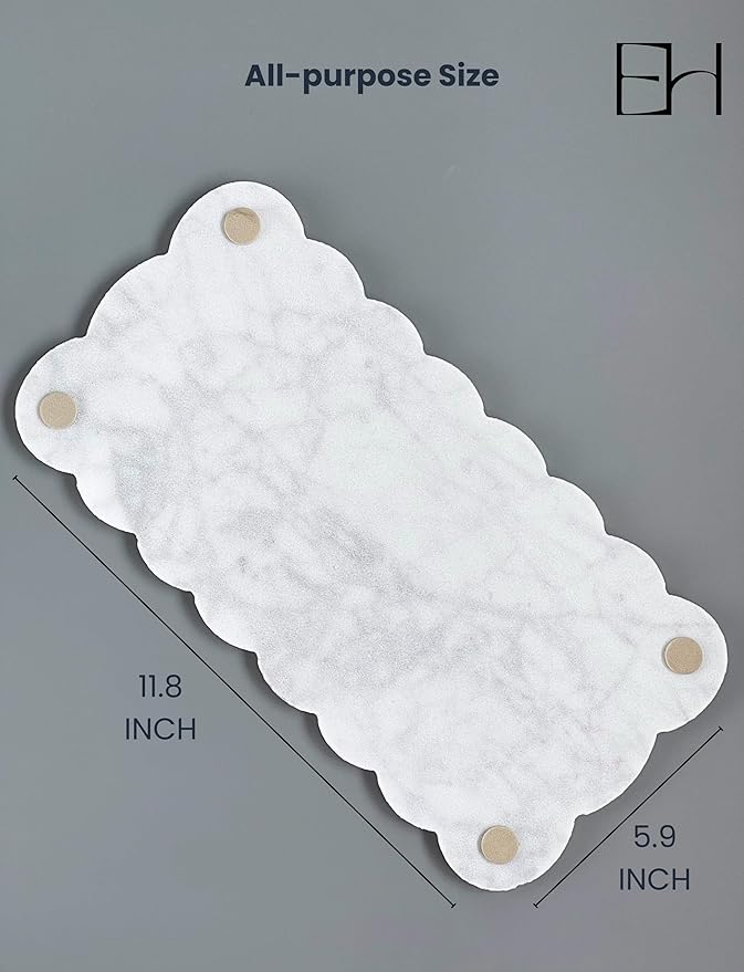 Natural Marble Tray, 12 x 6 inches Serving Board, Bathroom Organizers and Storage, Scallop Stone Present for Home Kitchen Vanity Countertop Decor (Marble, Carrara White)