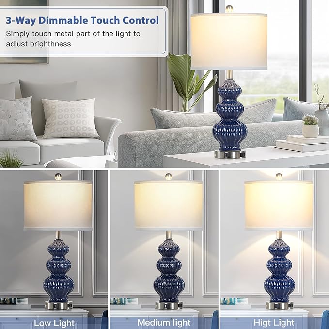 Triple Gourd Ceramic Table Lamps Set of 2, Modern Blue Bedside Lamps with USB A+C Ports & AC Outlet, 3 Way Touch Control Contemporary Nightstand Lamps for Bedroom Living Room