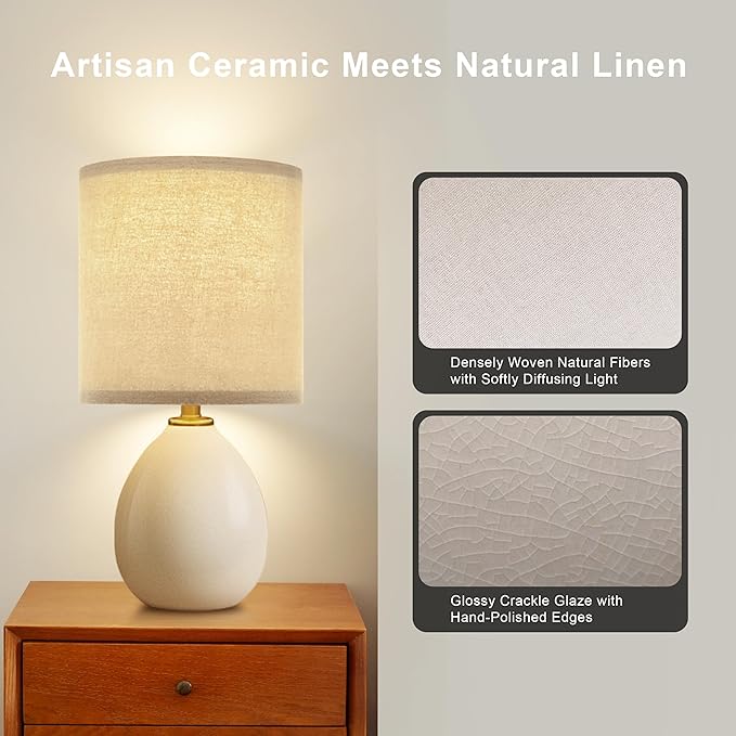 18.5" Table Lamp Set of 2 for Living Room Bedroom, Bedside Lamps for Night Stands, Desk Nightstand Lamp Dimmable, Modern Linen Cream Ceramic Lamps