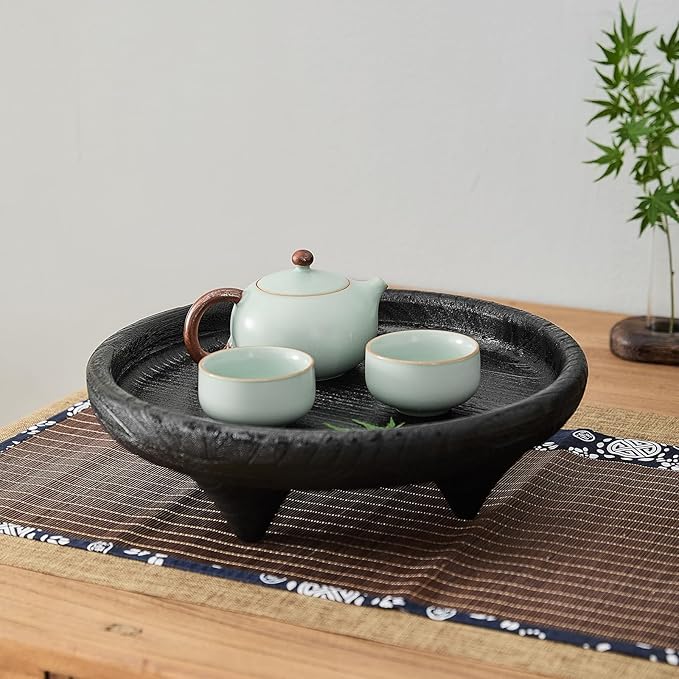 Round Light Wood Serving Tray with 4 Legs,12 Inch Rustic Decorative Tray for Home Decor,Black Footed Pedestal for Countertop, Kitchen, Bathroom, Bedroom (Plants, Candles, Artwork)