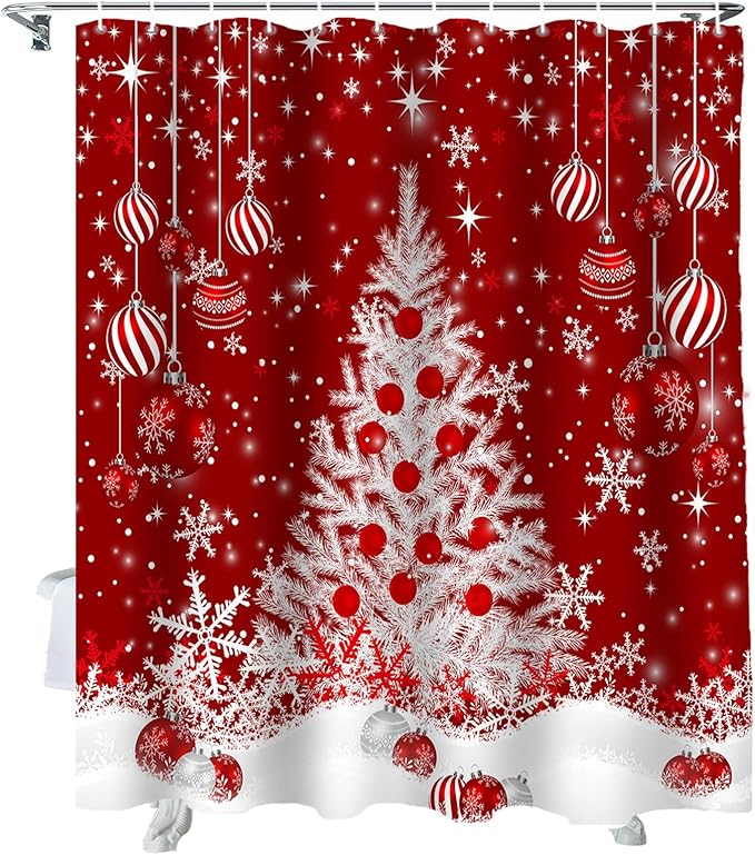 Vandarllin Red Christmas Shower Curtain, White Xmas Tree Snowflakes Red Balls Shower Curtains Set with Hooks, Winter Waterproof Fabric Bathroom Curtains Decor Home Accessories,Stall 48 X 72 Inch
