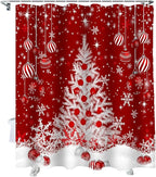 Vandarllin Red Christmas Shower Curtain, White Xmas Tree Snowflakes Red Balls Shower Curtains Set with Hooks, Winter Waterproof Fabric Bathroom Curtains Decor Home Accessories,72X 96 Inch Extra Long