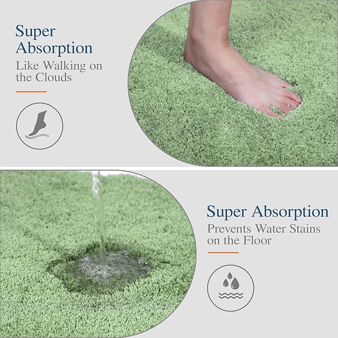 Walensee Bath Rug - Non Slip, Soft Microfiber Shaggy Bath Mat (20 x 32, Sage Green) Water Absorbent, Machine Washable, Thick Plush Shower Mat