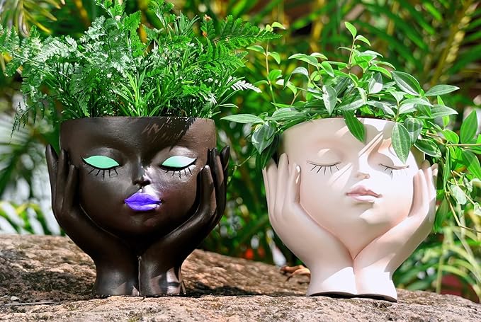Face Planter Pots for Indoor Plants, Resin Cute Face Flower Pot for Indoor Outdoor Plants with Drainage Hole, Closed Eyes 5.3" Dia 6.3" Tall