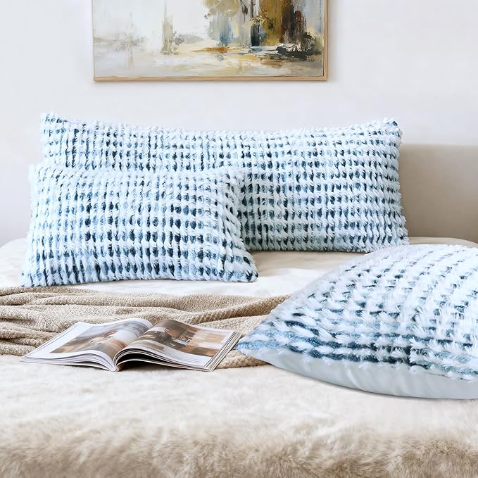 Boho Chenille Tufted Pillow Cover 14x36 Inch Set of 1, Farmhouse Striped Decorative Pillow Covers Accent Fluffy Neutral Long Body Bolster Pillow for Couch Sofa Bedroom Living Room, Blue White
