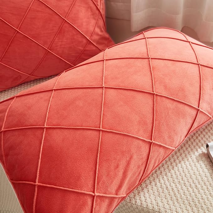 JAUXIO Diamond Pinch Pleated Crystal Velvet Pillowcases 2 Pack Solid Pintuck Throw Cushion Cover for Home Decor Hidden Zipper Closure (Coral Orange, King)