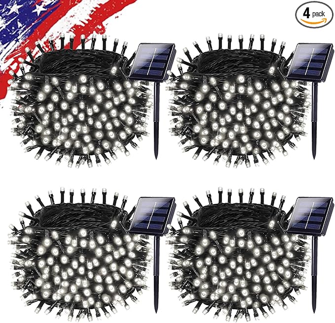 Solar String Lights Outdoor Waterproof 4PK 400LED 132FT Twinkle Lights Auto On/Off Solar Powered LED Fairy Light Green Wire with 8 Modes for Christmas Tree Party Wedding Garden Decoration (Cool White)