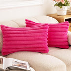 Double-Sided Faux Fur Plush Throw Pillow Covers 12x20 Set of 2 Fuzzy Striped Soft Cozy Pillowcase Luxury Decorative Pillows Rectangle Shaggy Cushion Covers for Couch Sofa Bed,Hot Pink