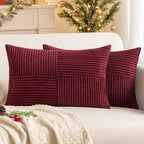 MIULEE Christmas Burgundy Corduroy Pillow Covers Pack of 2 Boho Decorative Spliced Throw Pillow Covers Soft Solid Couch Pillowcases Cross Patchwork Cushion Covers for Living Room Bed Sofa 12x20 inch