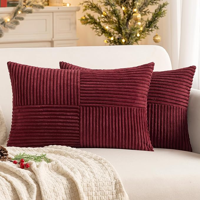MIULEE Christmas Burgundy Corduroy Pillow Covers Pack of 2 Boho Decorative Spliced Throw Pillow Covers Soft Solid Couch Pillowcases Cross Patchwork Cushion Covers for Living Room Bed Sofa 12x20 inch