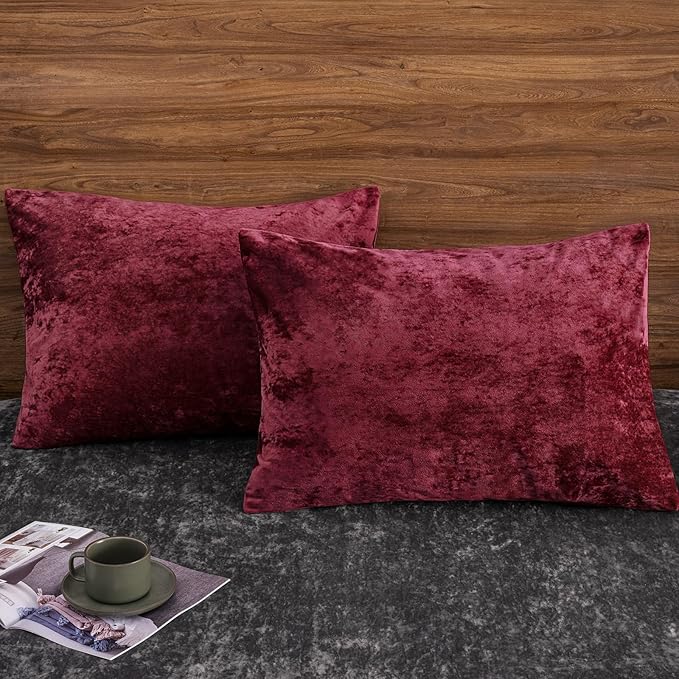 PHF Truly Velvet Pillowcases Standard Size, No Insert, 2 Pack Ultra Soft Breathable Pillow Shams Covers with Envelope Closure, 20" X 26" Luxury Cozy Warm Fuzzy Flannel, Wine Red