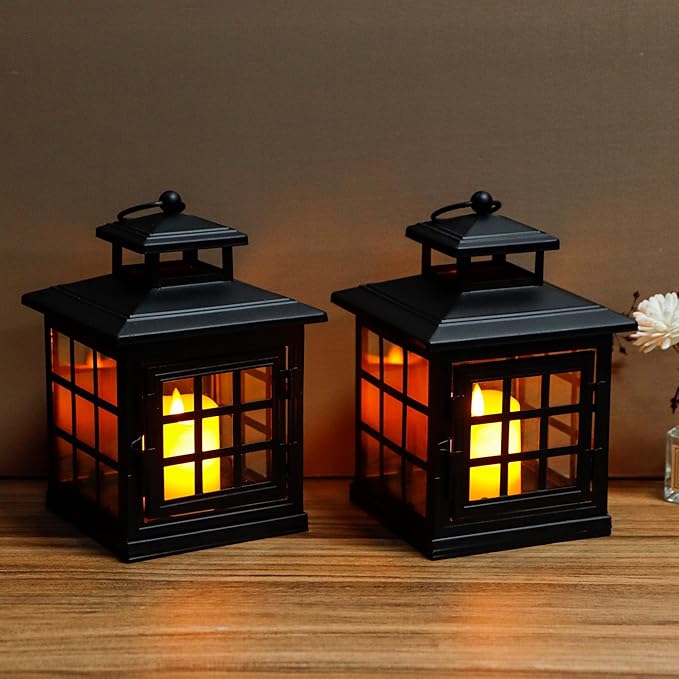 TRIROCKS Set of 2 Decorative Candle Lantern Metal Candle Holder Hanging Lantern Perfect for Home Decor Halloween Living Room Parties Events Tabletop Indoors Outdoors (Black)