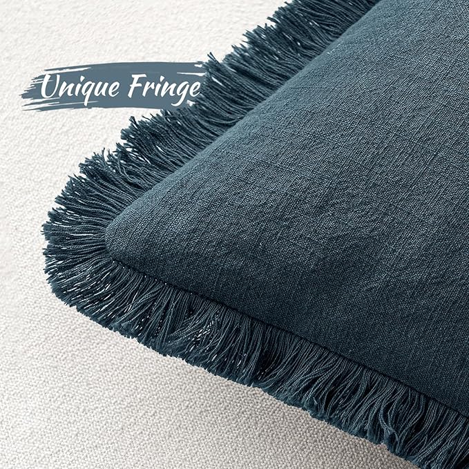 MIULEE Decorative Throw Pillow Covers Neutral Linen Fringe Throw Pillows Set of 2 Navy Blue Boho Farmhouse Cushion Covers with Tassels for Couch Sofa Bed Living Room Spring Home Decor 16x16 Inch