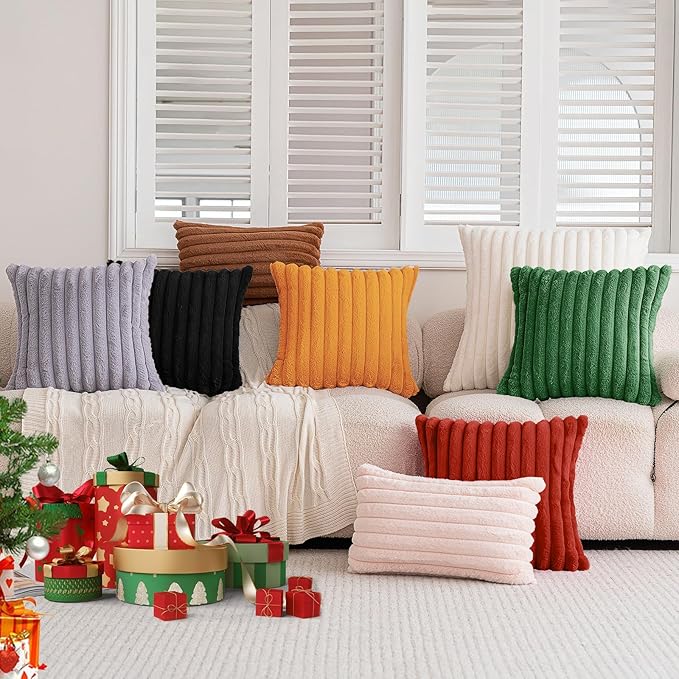 Christmas Dark Green Faux Fur Plush Throw Pillow Covers 22x22 Set of 2 Fuzzy Striped Soft Cozy Pillowcase Luxury Decorative Pillows Square Fluffy Cushion Covers for Couch Sofa Bed