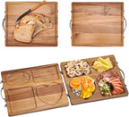 Double Side Acacia Wood Serving Tray, Serving Platters and Trays, Charcuterie Boards Wooden Tray with Vintage Metal Handles, Wooden Cutting Boards for Kitchen, Trays for Serving Food Serving Platter
