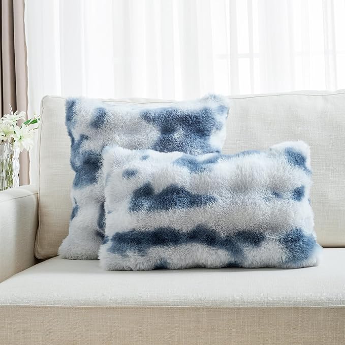 FUTEI Blue White Decorative Throw Pillow Covers 12x20 Inch Set of 2,Soft Fuzzy Faux Rabbit Fur Pillow Case with Raised Texture,Neutral Boho Home Decor for Couch Bed Living Room