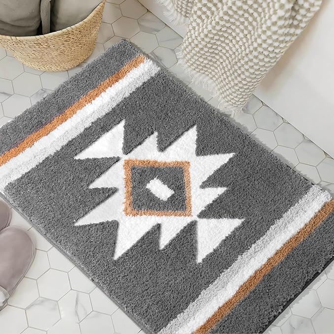 Bathroom Rugs Grey Boho Bath Mat, Non Slip Absorbent Aztec Bath Rug Soft Washable Floor Mat for Bathroom Shower Tub Modern Decor, 18x24