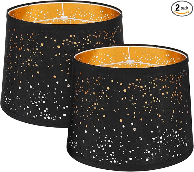 ALUCSET Drum Large Lampshades Set of 2, Stars Hollow Black Lamp Shade 13" Top X 15" Bottom X 11" High, Lamp Shades for Living Room Home Decor, Assembly Required Spider Fitter