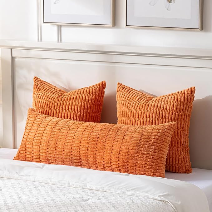 Fancy Homi Fall Orange Long Body Lumbar Decorative Throw Pillow Cover 14x36 Inch for Bed Couch Bedroom, Soft Corduroy Rectangle Solid Pillow Case 35x91 cm, Rustic Farmhouse Boho Room Decor