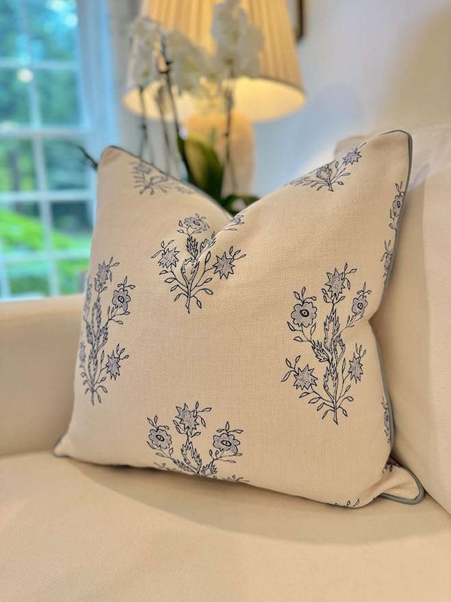 “The Mary” Periwinkle Floral Block Print Pillow Cover – Blue and Off-White Decorative Throw Pillow Cover – Grandmillennial Home Decor, 19" x 19"