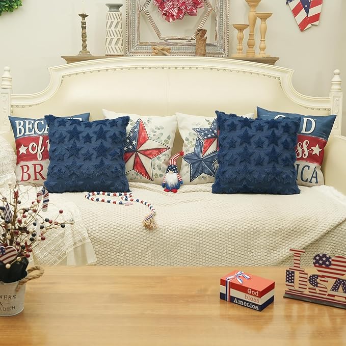 GEEORY 4TH of July Stars Soft Plush Pillow Covers, 16 x 16 Inch Set of 2, Fluffy Faux Fur Wool Decorative Farmhouse Cushion Case for Sofa Home Decoration Blue Little Star GC028-16