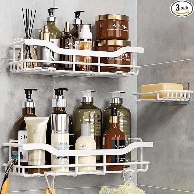 OMAIRA 3-Pack Shower Caddy with Soap Holder, Adhesive Rustproof No-drill Strudy Loading Inside Shower Organizer Shelves Rack Storage Bathroom Organization for Smooth Wall Glass Tile, White (X-Large)