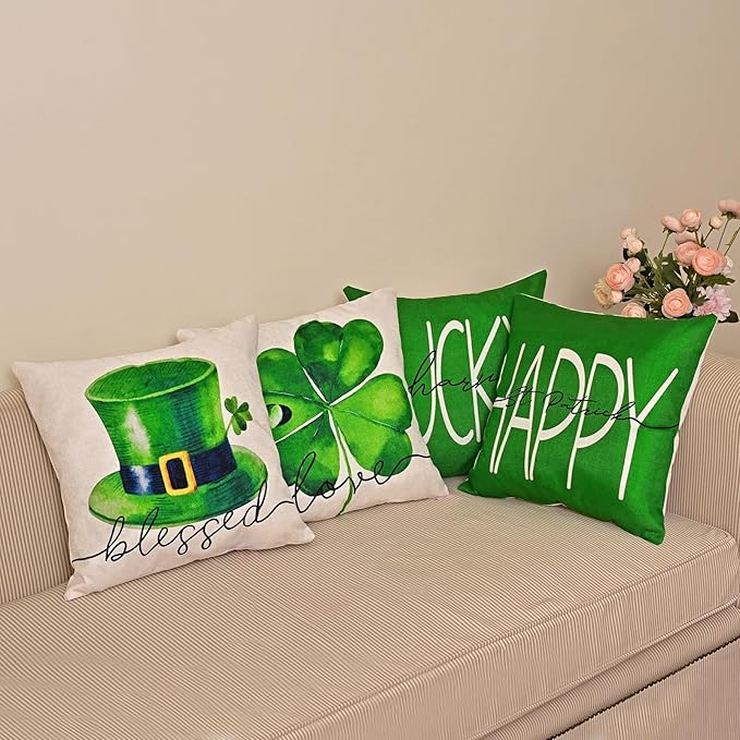 St Patricks Day Decor-Throw Pillow Covers 18x18 in Set of 4,Shamrock Linen Pillow Case with Green Hat Irish for Large Couch Sofa Home Indoor Outdoor Holiday Decorations