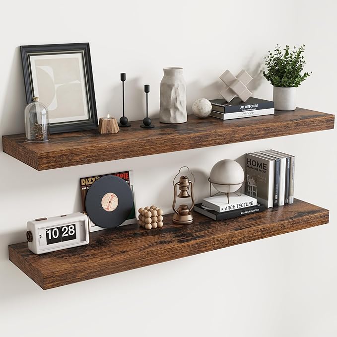 Floating Shelves for Wall with Invisible Brackets, Wall Mounted Engineered Wood Shelves with Wood Grain for Living Room, Bathroom, Kitchen Decor and Storage, Oak, 55"L Set of 2, Rustic Brown