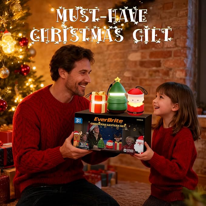 EverBrite Christmas Lantern Set, Holiday Decorations & Gifts for Women and Men, 5 Light Modes AAA Batteries Included, Indoor & Outdoor Use, 3-Pack Santa Claus + Christmas Tree + Gift Box (1 Each)