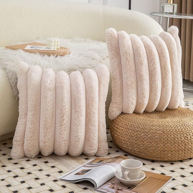 Neelvin Beige Faux Fur Cozy Soft Striped Decorative Throw Pillow Covers 20x20 inch Set of 2,Velvet Pillowcase Cushion Case for Sofa Couch