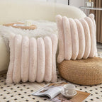 Neelvin Beige Faux Fur Cozy Soft Striped Decorative Throw Pillow Covers 16x16 inch Set of 2,Velvet Pillowcase Cushion Case for Sofa Couch