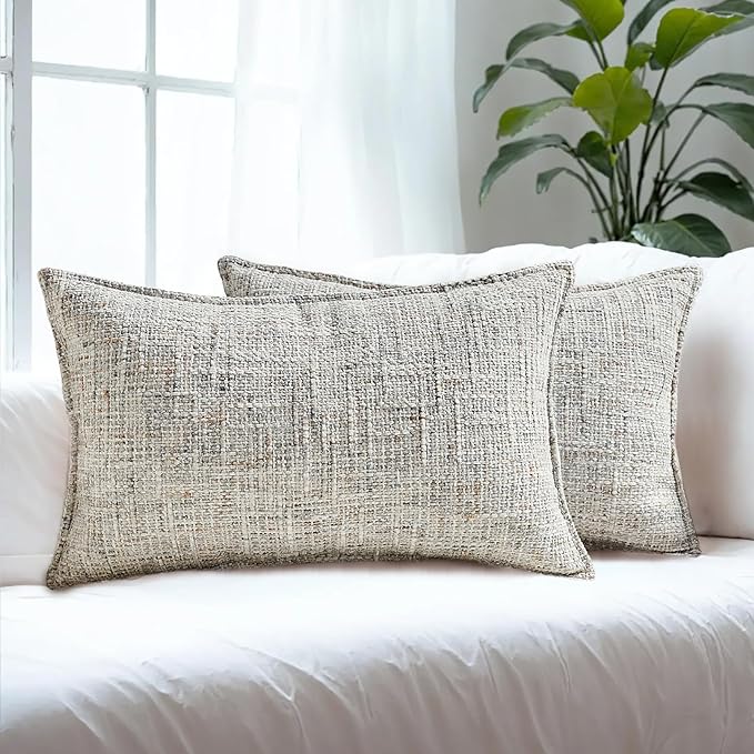 HAUSSY Grey Throw Pillow Covers 12x20 Set of 2 Chenille Tweed Textured Decorative Couch Lumbar Pillow Covers Neutral Modern Pillow Cases for Sofa Bed Living Room Decor