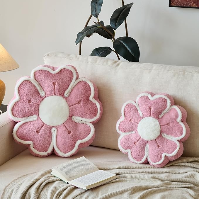 Flower Shaped Decorative Throw Pillow Cushion for Bed Couch, Cute Flower Plush Throw Pillows Home Decor Floor Pillow Seating Cushions (Grey Pink, 13.7 Inches)
