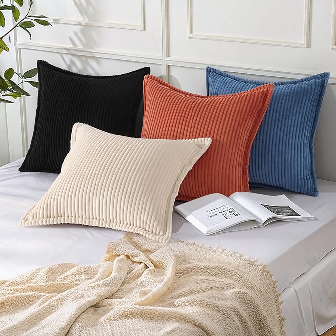Mecatny Corduroy Throw Pillow Covers 22x22 Set of 2, Neutral Decorative Soft Boho Couch Pillow Covers with Broadside for Sofa Living Room, Black