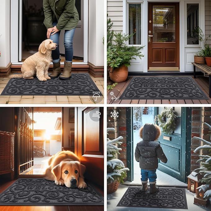 Smiry Welcome Door Mat Outside Entrance, Heavy Duty Trap Dirt and Moisture Easy Clean Low Profile Patio Porch Indoor Outdoor Front Doormat for Entry, 36x24 Inch, Grey/Welcome