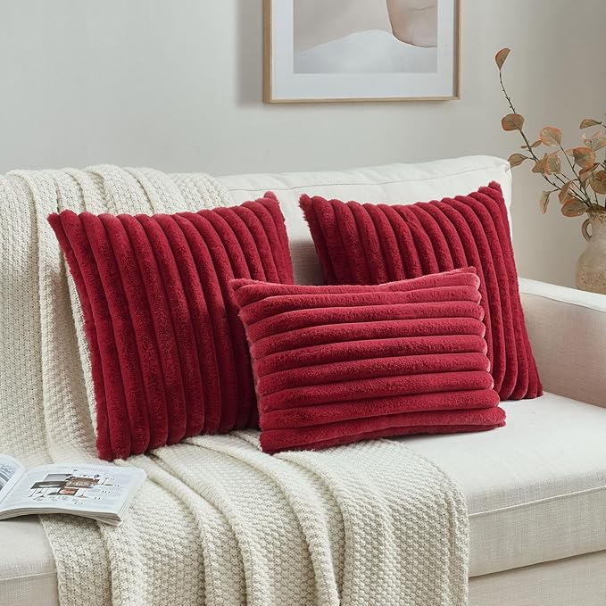 FUTEI Burgundy Striped Decorative Throw Pillow Covers 12x20 Inch Set of 2,Rectangle Winter Decorations Couch Lumbar Pillowcase,Soft Cozy Faux Rabbit Fur & Velvet Back,Modern Home Decor for Bed