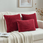 FUTEI Burgundy Striped Decorative Throw Pillow Covers 12x20 Inch Set of 2,Rectangle Winter Decorations Couch Lumbar Pillowcase,Soft Cozy Faux Rabbit Fur & Velvet Back,Modern Home Decor for Bed